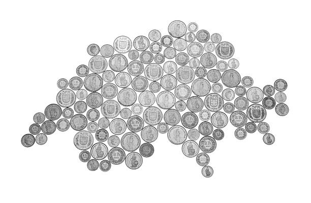 swiss currency coins forming the land shape of switzerland, isolated.  