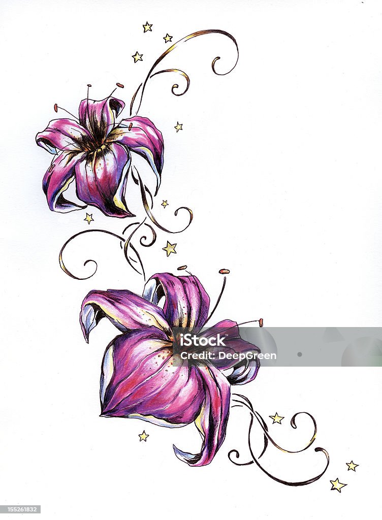 Flowers Two pink flowers and small stars separate on white background.Picture I have created myself with colored pencils. Abstract stock illustration