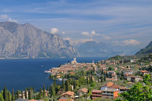 Aerial view of the pictoresque village of Malcesine overlooking the Garda Lake