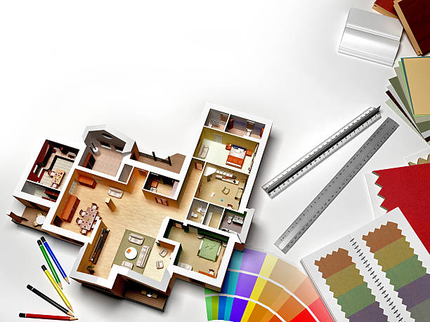 Interior rendering with samples and swatches stock photo