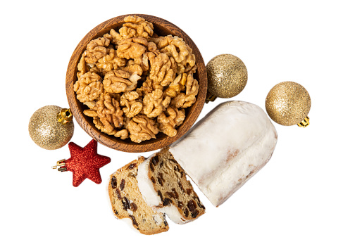 Christmas stollen. Christmas cake isolated on white background.Traditional Christmas festive pastry dessert. Stollen for Christmas