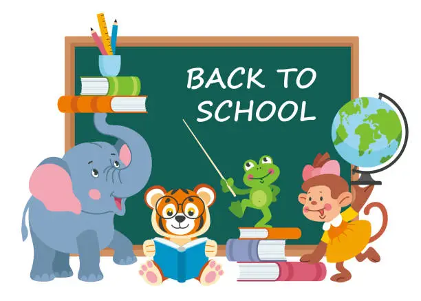 Vector illustration of Cute animals near blackboard with books, globe, school supplies flat vector illustration. Cartoon animals back to school.