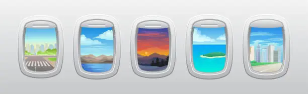 Vector illustration of Rounded Airplane Window with Picturesque View Vector Set
