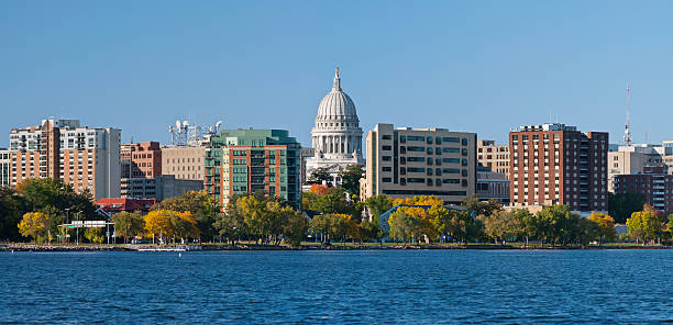 Madison Image of city of Madison, capital city of Wisconsin, USA. This is stitched composite of 5 vertical images. wisconsin state capitol photos stock pictures, royalty-free photos & images