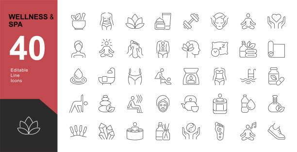 Wellness and Spa Line Editable Icons set. Vector illustration in modern thin line style of components of a healthy lifestyle, face and body care, recreation. Pictograms and infographics wellness stock illustrations