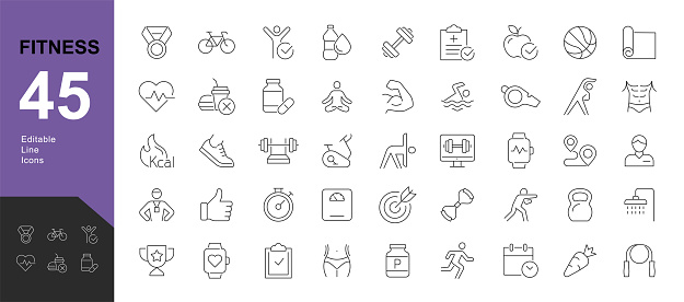 Vector illustration of modern thin line style icons of the components of an active lifestyle: types of physical activity, proper nutrition, and sports equipment.