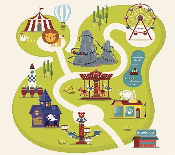 Amusement Park Cute style amusement park. Zip contains AI and hi-res jpeg. traveling carnival illustrations stock illustrations