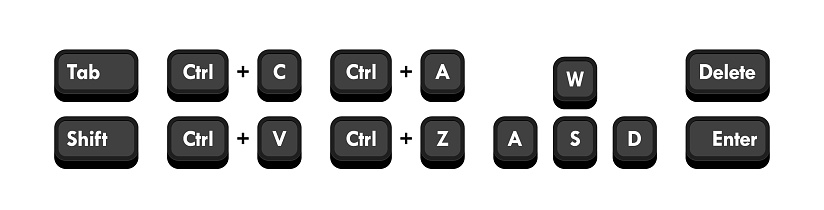 Different computer keyboard buttons combinations. Hotkeys combination such as copy, paste, selection, cancellation and delete. Vector illustration.