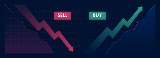 ilustrações de stock, clip art, desenhos animados e ícones de up and down trend with arrows and graph isolated on dark background. falling and rising graph with buy and sell buttons. stock exchange concept. trader profit and loss. vector illustration - moving down dollar decline graph