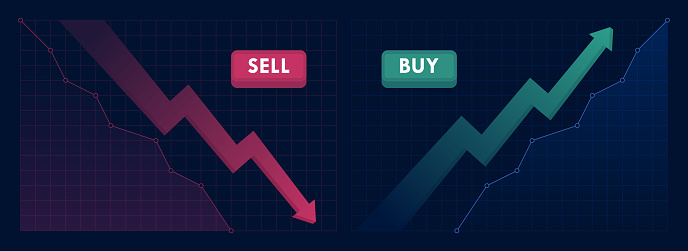 Up and down trend with arrows and graph isolated on dark background. Falling and rising graph with buy and sell buttons. Stock exchange concept. Trader profit and loss. Vector illustration.