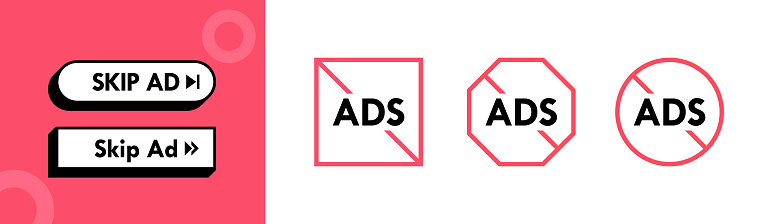 No Ads Label And Skip Ads Button Set Design Concept For Ad Blocking And ...