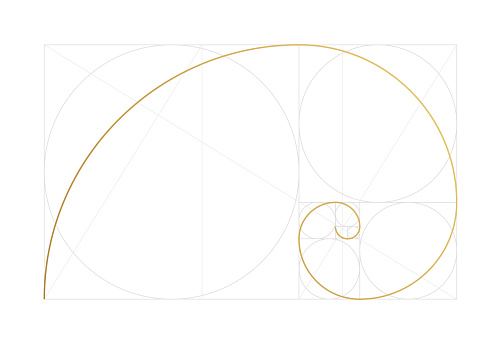 Golden ratio design template. Geometric Figure in law of golden ratio. Golden spiral, golden section, Fibonacci array, Fibonacci numbers. Vector illustration.