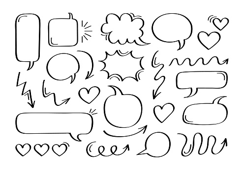 Super set different hand drawn element. Collection of speech bubble or chat bubble with arrows and hearts. Vector graphic design.