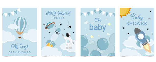 illustrations, cliparts, dessins animés et icônes de carte d’invitation de baby shower pour garçon avec ballon, nuage, ciel, bleu - sun sky child balloon