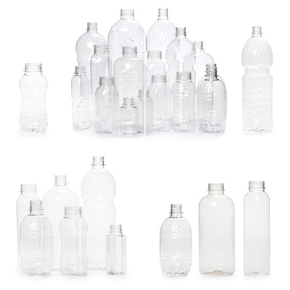 selection of quality photo collage of many different empty plastic bottles isolated on white background. production of new containers