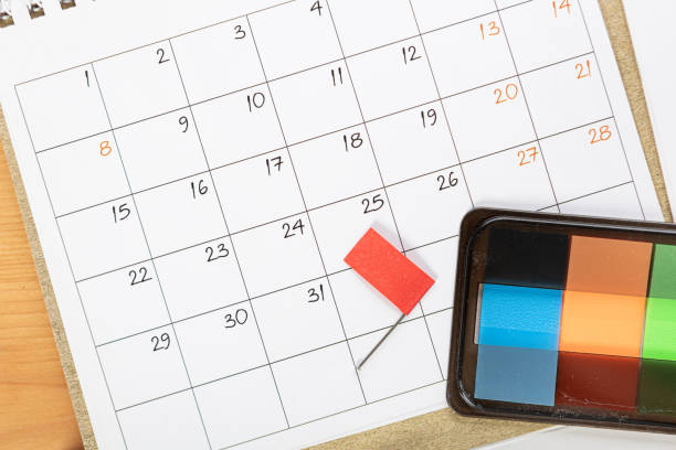 istock Planner plan Schedule Calendar and agenda reminders, work from home online. desktop calendar with stationery and pen pencil, keyboard for plan daily meeting and note holiday trip in diary at office desk. 2023 calendar reminder concept. 1552697229