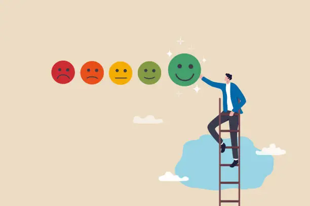 Vector illustration of Customer satisfaction, feedback or appreciation rating, positive score or good quality service, customer experience vote concept, young man climb up ladder to give positive smile feedback rating.