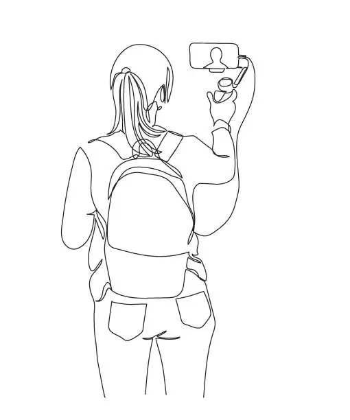 Vector illustration of Woman recording video selfie with phone and stibilizer. Wearing backpack. Back view. Vector illustration in line art style.