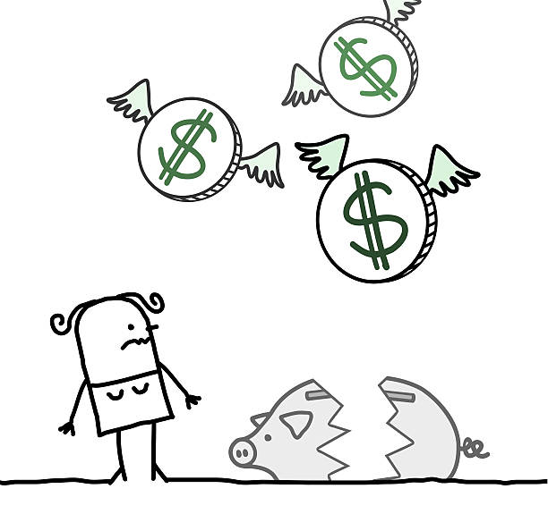 woman & broken piggy bank vector hand drawn cartoon characters - woman & broken piggy bank impulse shopping stock illustrations