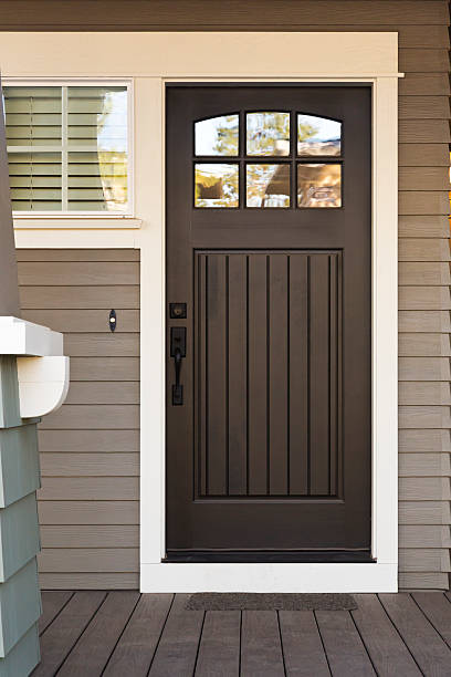 Black Wooden Front Door Of An Upscale Home Stock Photo - Download Image Now  - Front Door, Black Color, Glass - Material - Istock