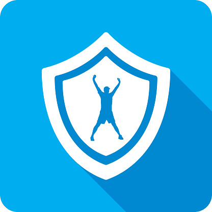 Vector illustration of a shield with man stretching icon against a blue background in flat style.