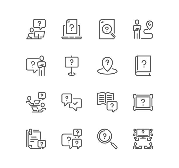 Set of question related icons. Set of question related icons, confused man, quiz, faq guide, job interview, questions, question mark and linear variety vectors. interview stock illustrations