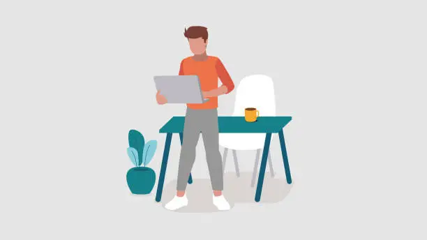 Vector illustration of A man standing in front of his desk with a laptop