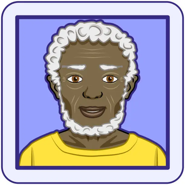 Vector illustration of Avatar profile pic of senior man with white curly hair and beard, brown eyes and dark skintone. Vector illustration.