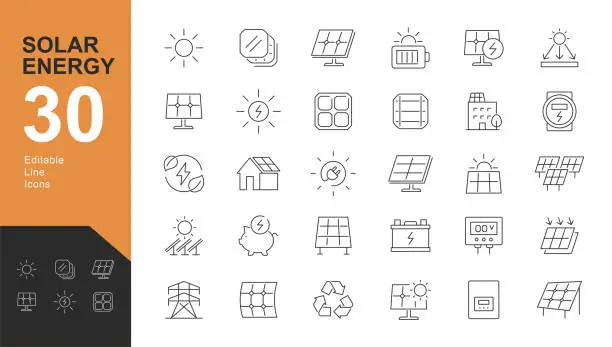 Vector illustration of Solar Energy Line Editable Icons set.