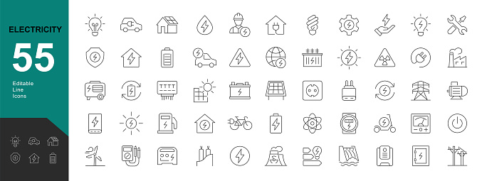 Vector illustration in modern thin line style of industrial  icons: electric transport, electrical equipment, energy sources. Pictograms and infographic