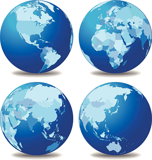 Four globes with different continents vector art illustration