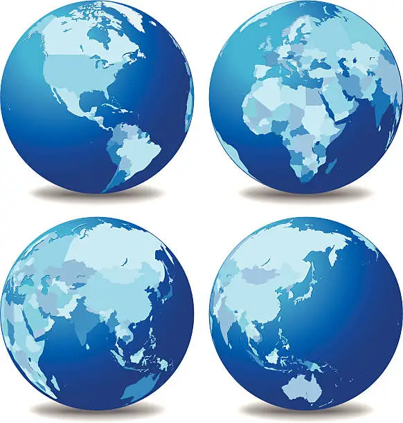 Vector illustration of Four globes with different continents