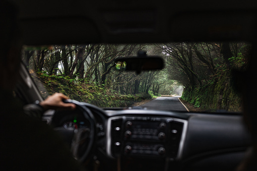 Car POV driving on Anaga roads in Tenerife: the site is a laurel forest is a UNESCO biosphere reserve