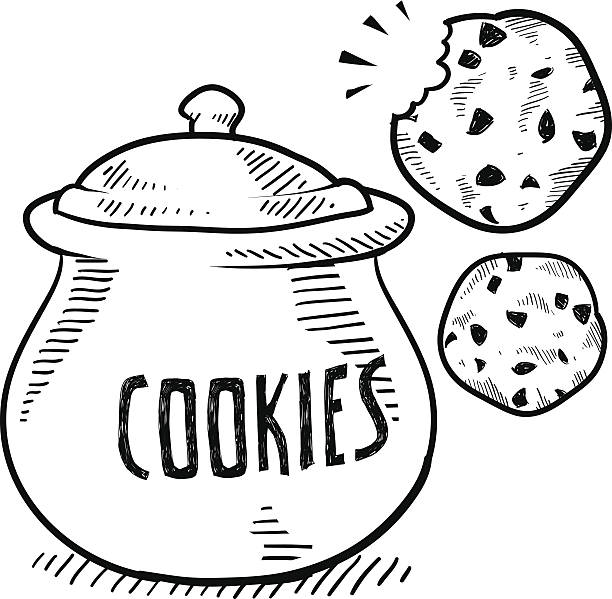 Cookie jar vector sketch Doodle style cookie and cookie jar illustration in vector format. EPS10 file format with no transparency effects. chocolate chip cookie drawing stock illustrations