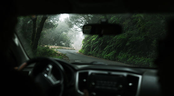 Car POV driving on Anaga roads in Tenerife: the site is a laurel forest is a UNESCO biosphere reserve