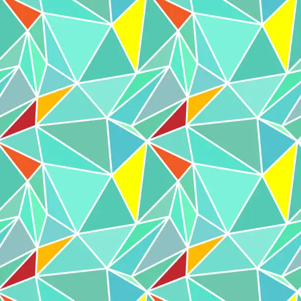 Vector illustration of Abstract low poly seamless pattern. Geometric texture of turquoise, teal, aquamarine, green, blue, orange, yellow, red triangles. Bright colorful design