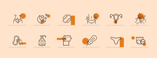 istock Set of vector icons representing the menstrual cycle. Menstruation, period, fertility, ovulation, menstrual products, calendar, cycle tracker. Pastel color background. Vector line icon 1552758976