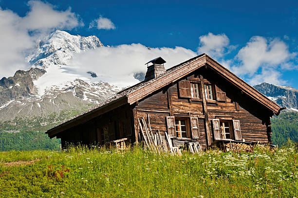 chalet di montagna in legno tradizionali prato estivo snowy mountains - mountain cabin european alps switzerland foto e immagini stock