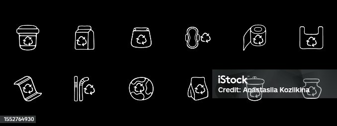 istock Set of recycling icons. Waste management, eco-friendly symbols, recycling bins, sustainable lifestyle. Green concept. Black color background. Vector 12 line icon 1552764930