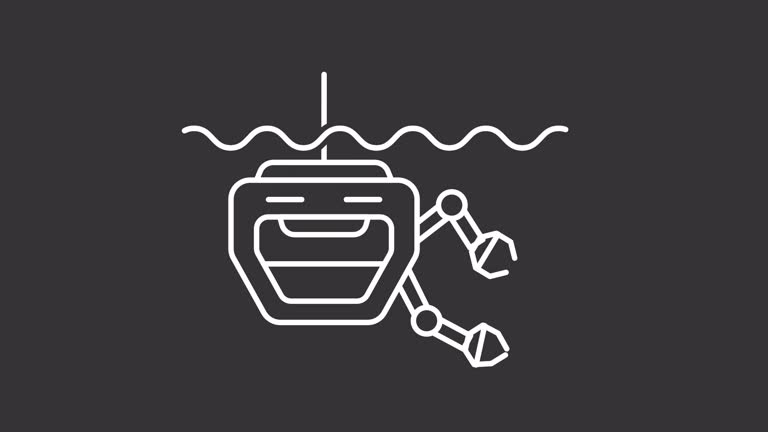 White icon animation of remotely operated underwater vehicle, HD video with transparent background, seamless loop 4K video, marine industry