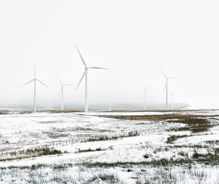 Snow and fog at a rural windfarm in Scotland during harsh December weather.