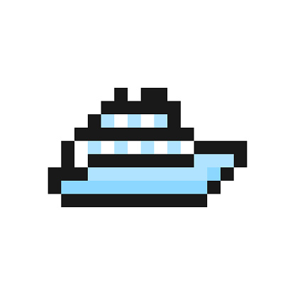 Cruise ship icon in pixel art design isolated on white background, vector sign symbol