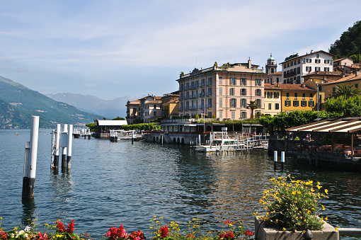The waterfront hotels and shops of Bellagio, Italy on beautiful Lake Como