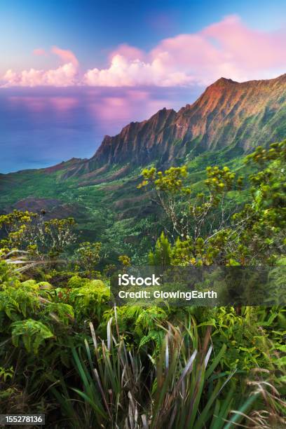 Vale De Kalalau Pelo Anoitecer - Fotografias de stock e mais imagens de Havai - Havai, Kauai, Parque estatal de Nā Pali Coast