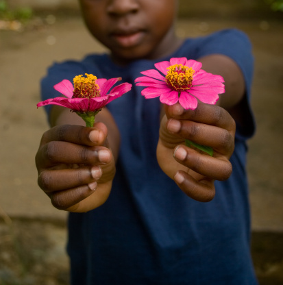 child holding two pink flowers outdoors