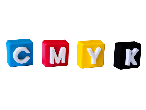 CMYK is short for Cyan, Magenta, Yellow, and Key, the color used for printing. CMYK cubes 3D isolated on white background.