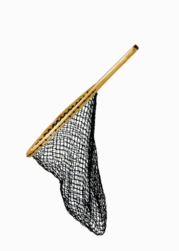 A soft trout (fly fishing) net that is slanted  isolated on a white background.
