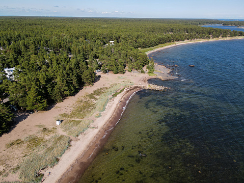 Aerial, drone view of Hanko town coast, Hango, Finland, with beach and coastal waterfront line. Hanko, Finland