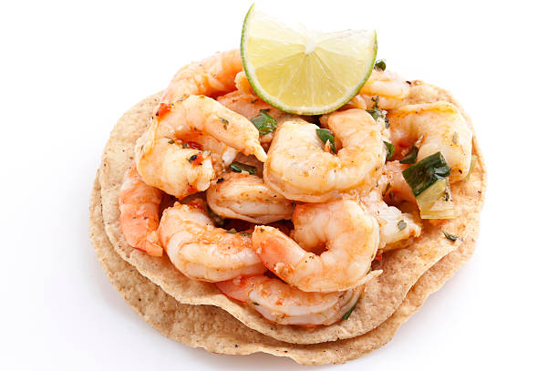 Shrimp Tostada Shrimp ceviche tostada on white background shrimp cocktail stock pictures, royalty-free photos & images