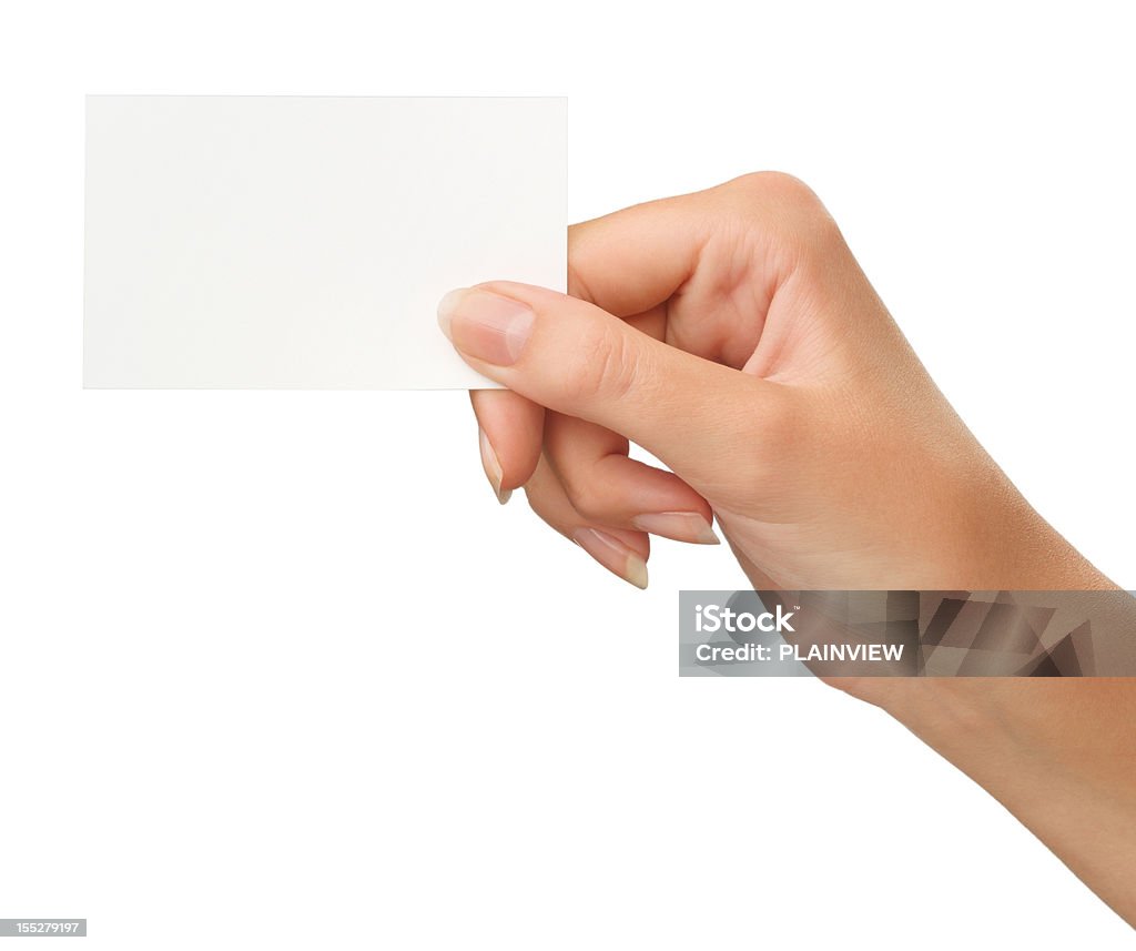 Blank card in a hand Close-up of an empty business card in a woman's hand isolated on white (+ Clipping path) Human Hand Stock Photo